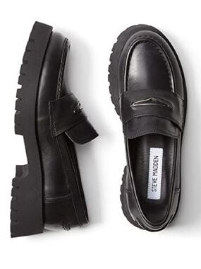Steve Madden Black Leather Lawrence Lug Sole Platform Loafers Chunky 80s 90s